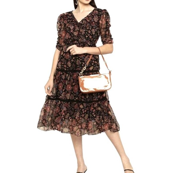 Antheaa Womens Medium Floral Midi Dress Ruffle Sleeve Tiered Pleated Puff Sleeve - Picture 5 of 13